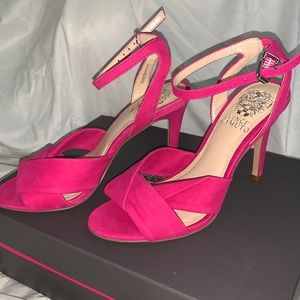 Hot pink suede ankle strap heels